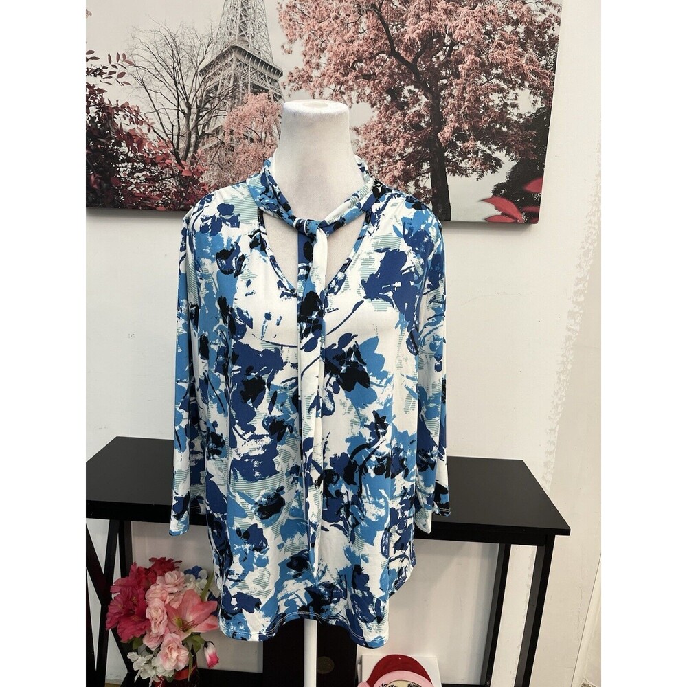 PerSeption Concept Women Top Blouse Size L Floral  V Neck With Tie 3/4 Sleeve